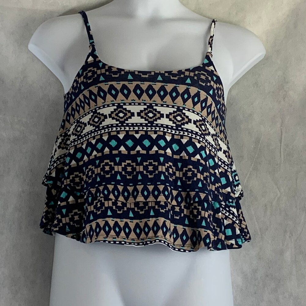 Planet Gold Juniors' Colorful Printed Tiered Tank Top, Blue Bliss, Medium